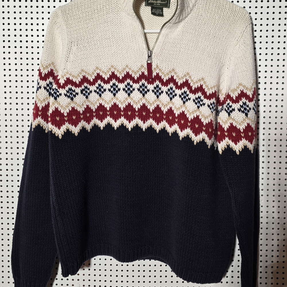 Eddie Bauer Men's Zip Up Sweater - Cream, Black, and Red